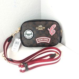 Coach Mini Jamie Camera Bag In Signature Canvas With Ski Patches Black/Brown